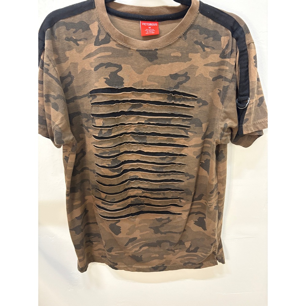 Victorious Mens Camo Distressed T-Shirt Brown Tactical D-Ring Streetwear Size M